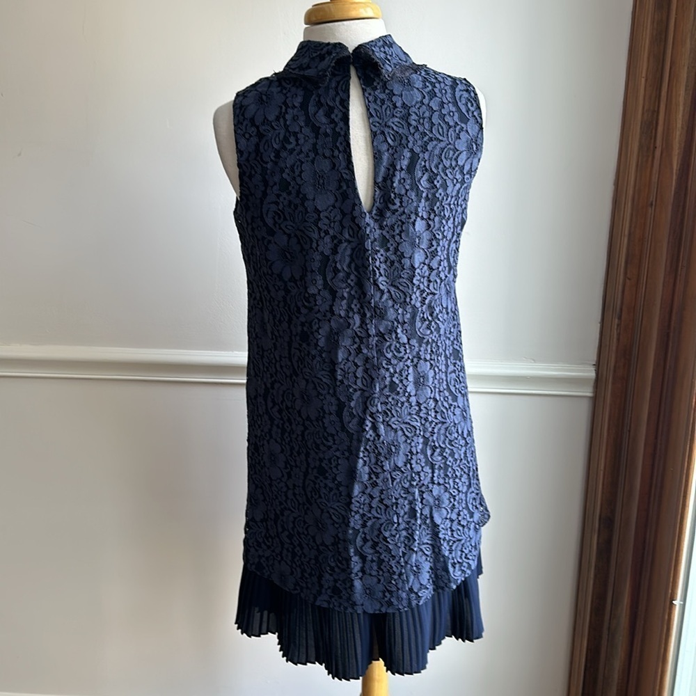 Nanette Lepore Navy Blue Lace Collared Pleated Flounce Hem Shift Dress 6 EUC - Picture 7 of 8